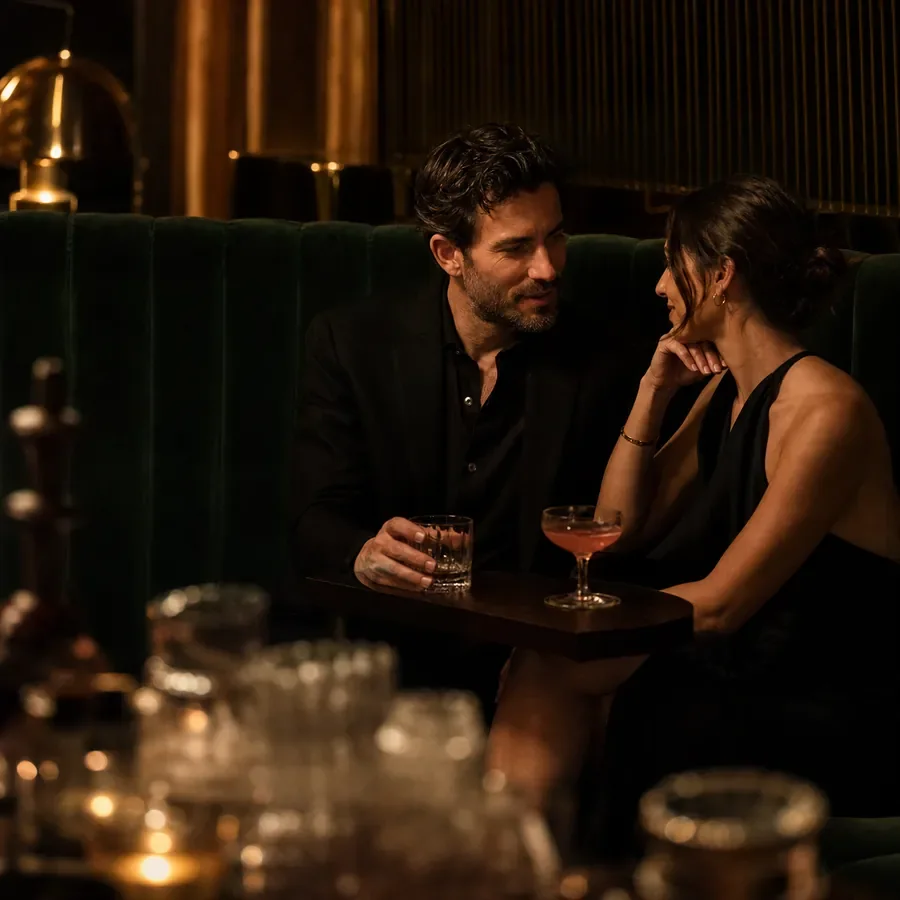 An adult couple enjoying a quiet conversation at an Atlanta cocktail bar