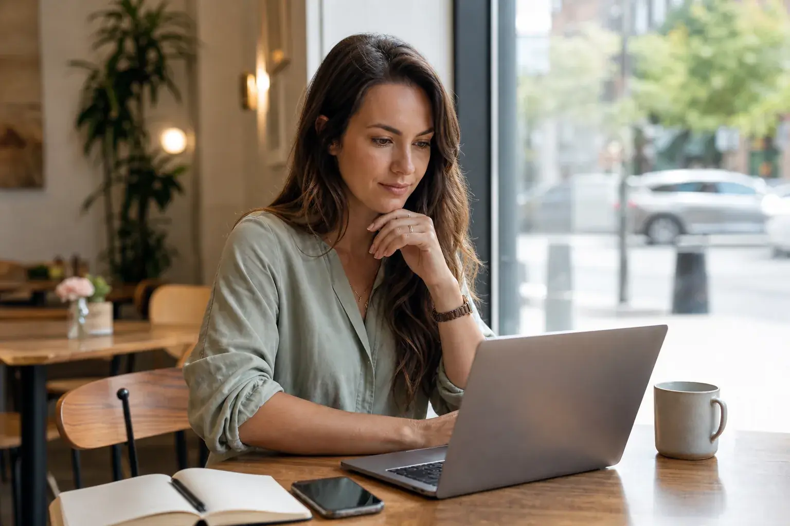 An adult woman editing her sugar dating profile in an Atlanta cafe