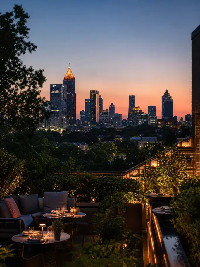 Atlanta skyline and a rooftop terrace at dusk