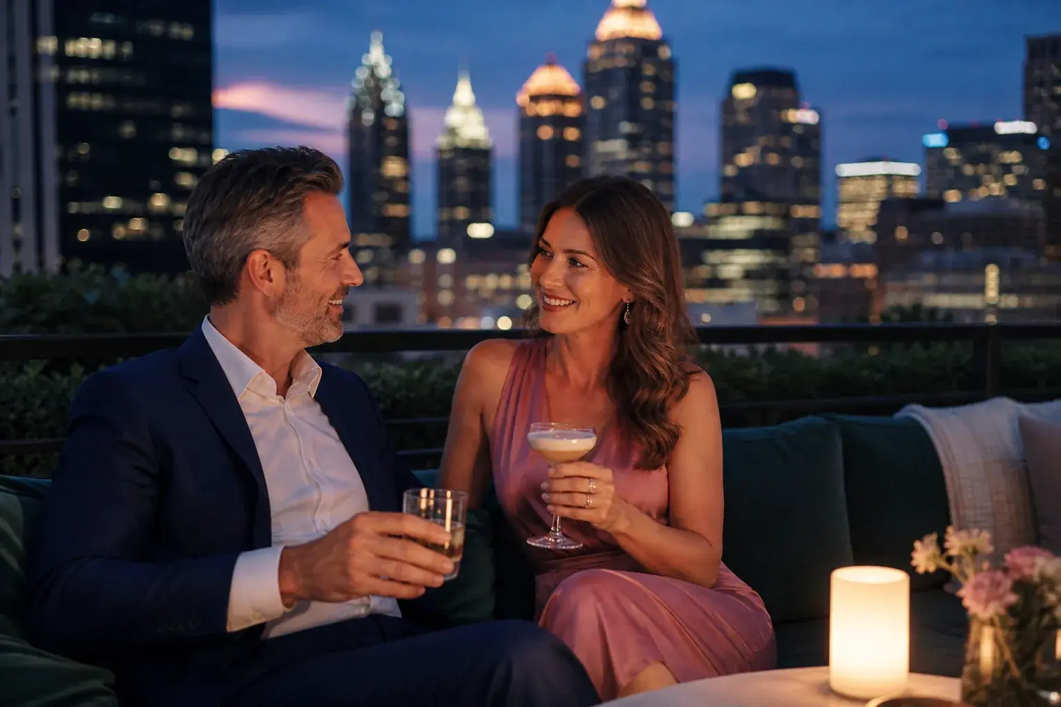 An adult couple talking over cocktails on a Buckhead rooftop at blue hour
