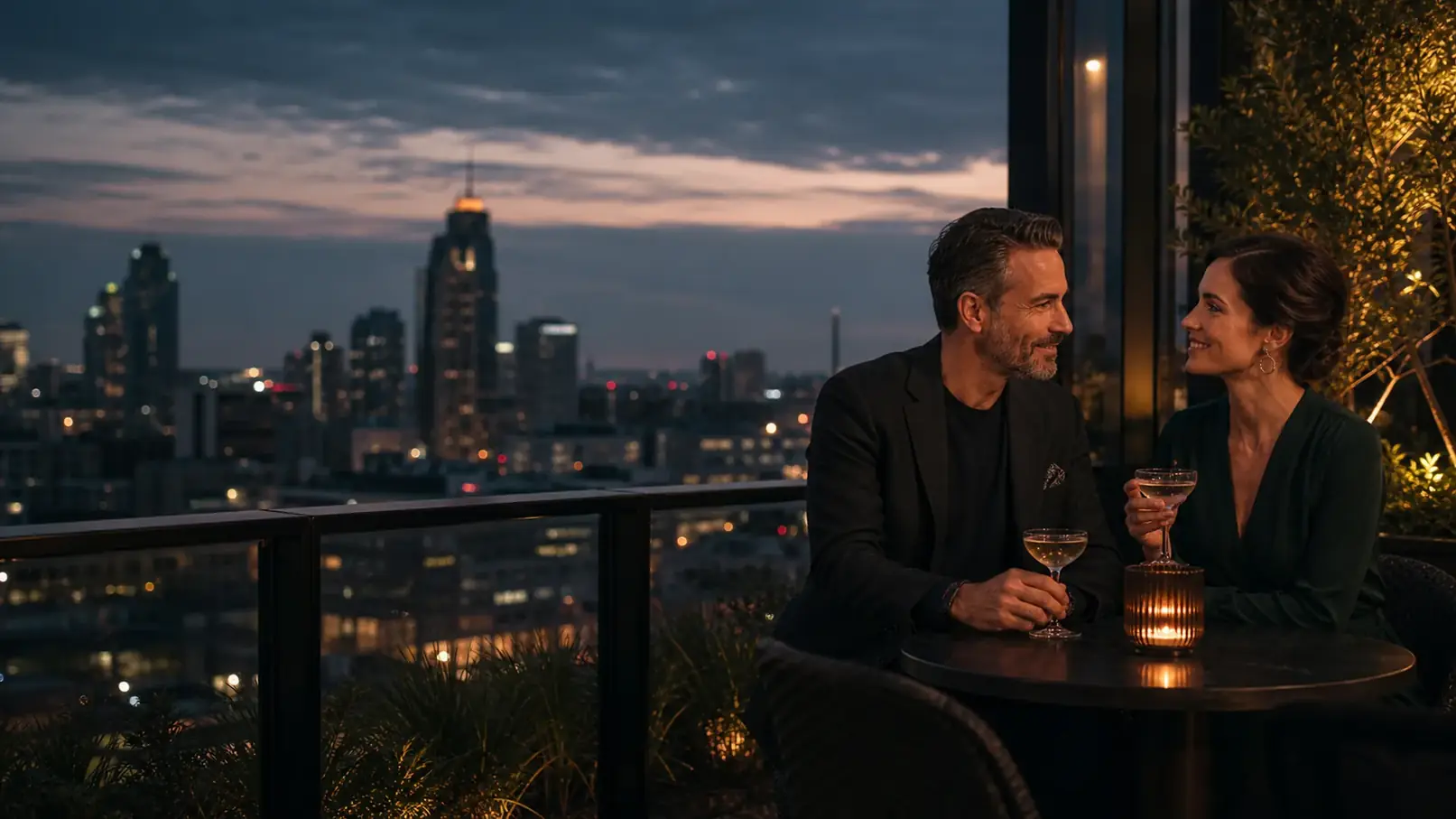 An adult couple sharing cocktails on an Atlanta rooftop at dusk